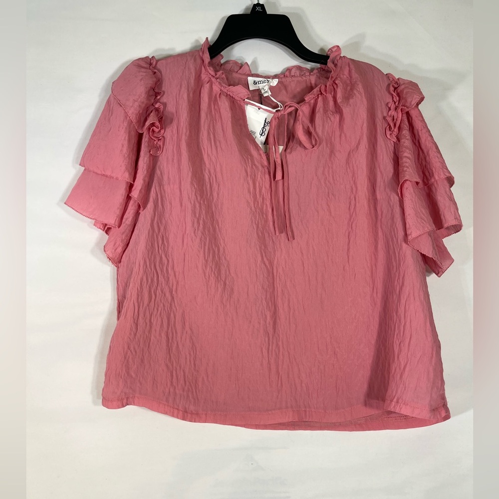 &Merci Crop‎ Tie Front Blouse W/Ruffled Sleeves Women’s L Dusty Rose Color NEW